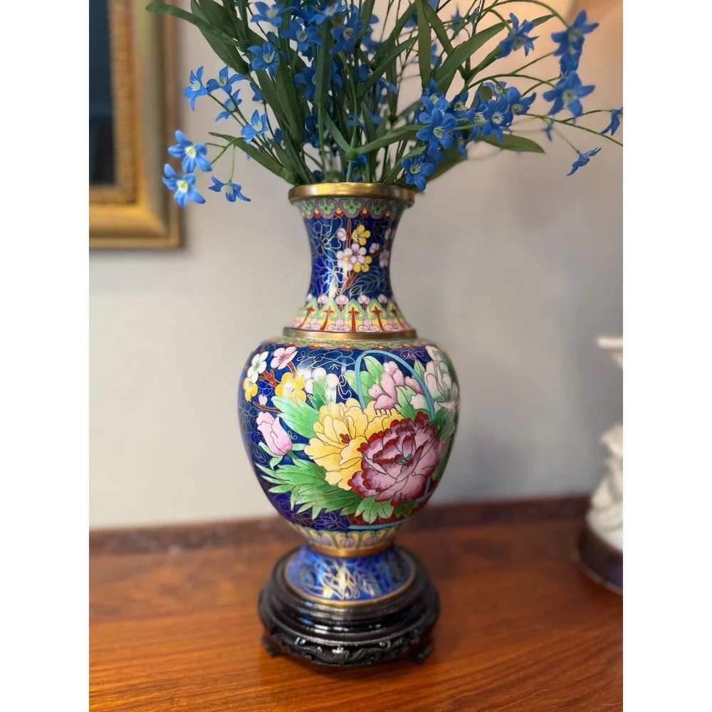 Vintage Cloisonné Vase with Carved Wood Stand